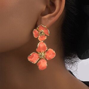NEW 18k Gold Plated Coral and Gold Enamel Flower Double Drop Statement Earrings